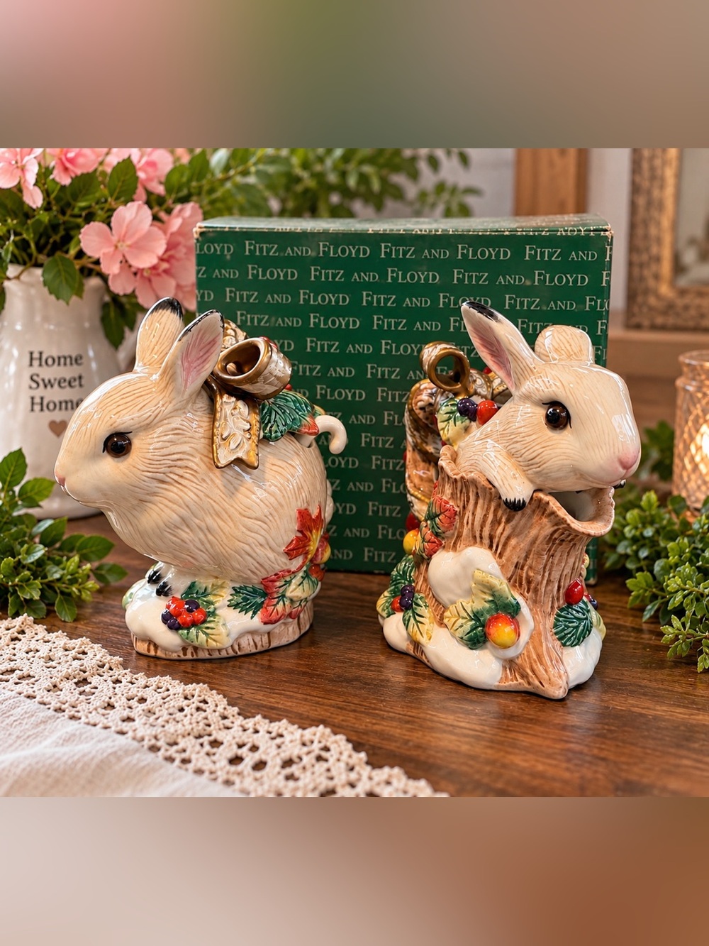 1995-96 Fitz & Floyd Snowy Woods Bunny Sugar Creamer Spoon Set w/ Original Box